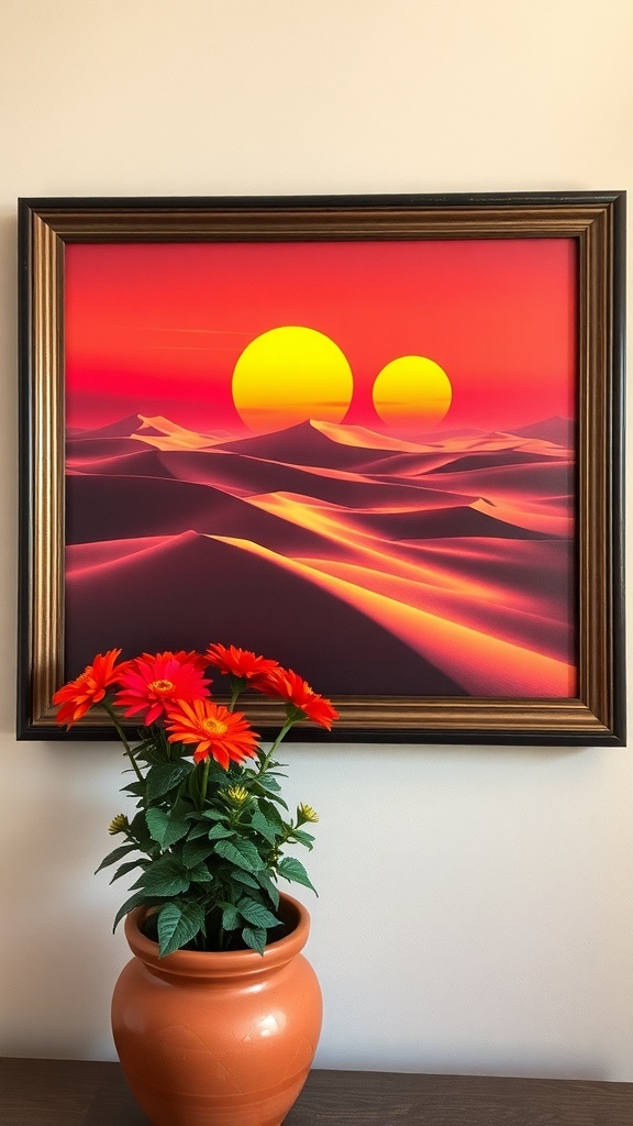 A desert landscape from Tatooine with two suns setting over rolling sand dunes.