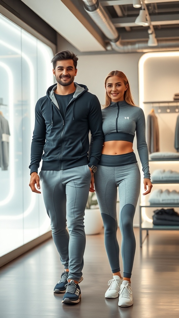 Futuristic workout gear displayed in a modern store with a cosmic background.