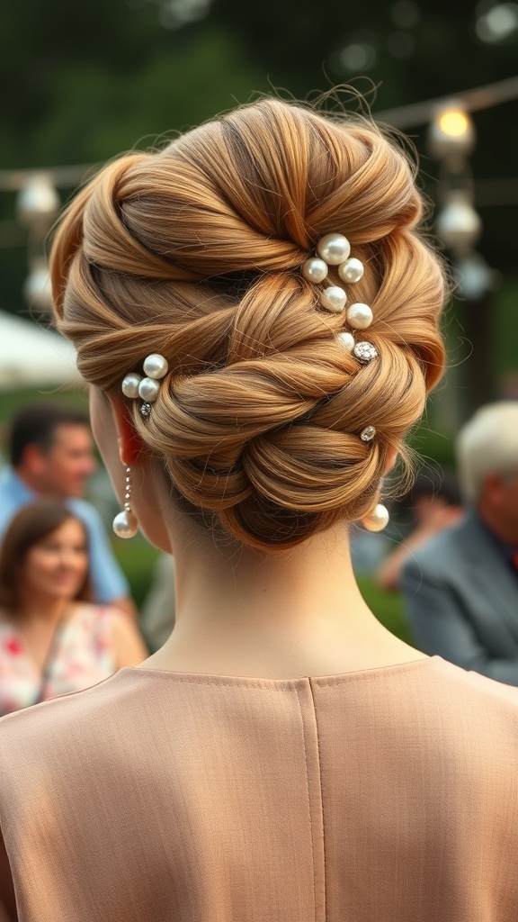A stylish textured updo adorned with pearl pins, showcasing a vintage 1960s hairstyle.