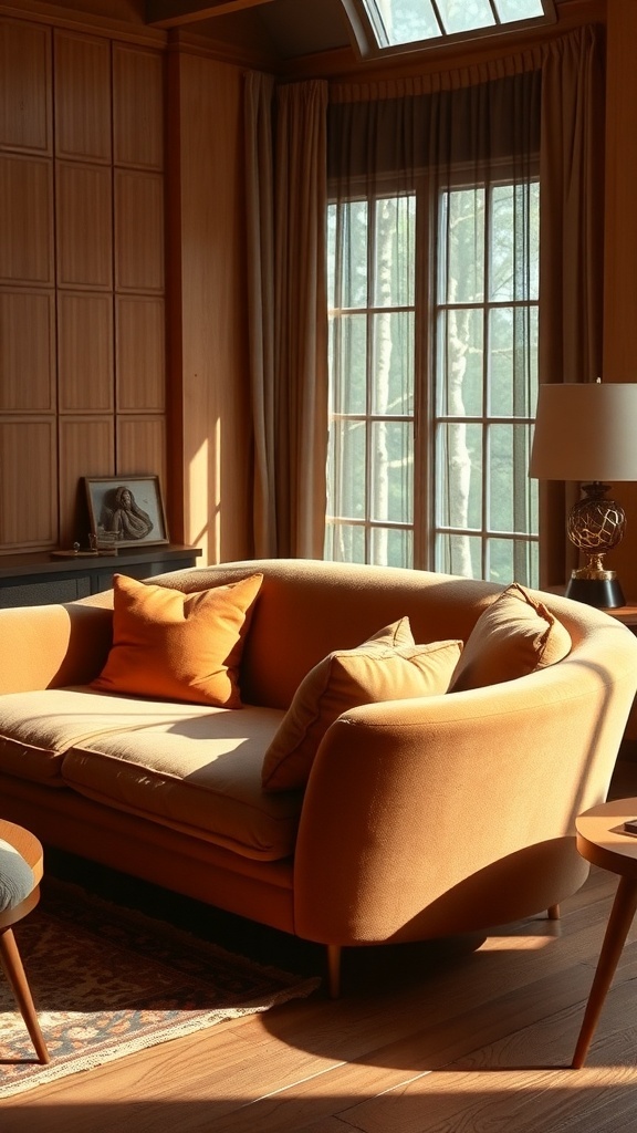 A cozy living room featuring a curved orange couch with pillows, natural light streaming in through large windows.