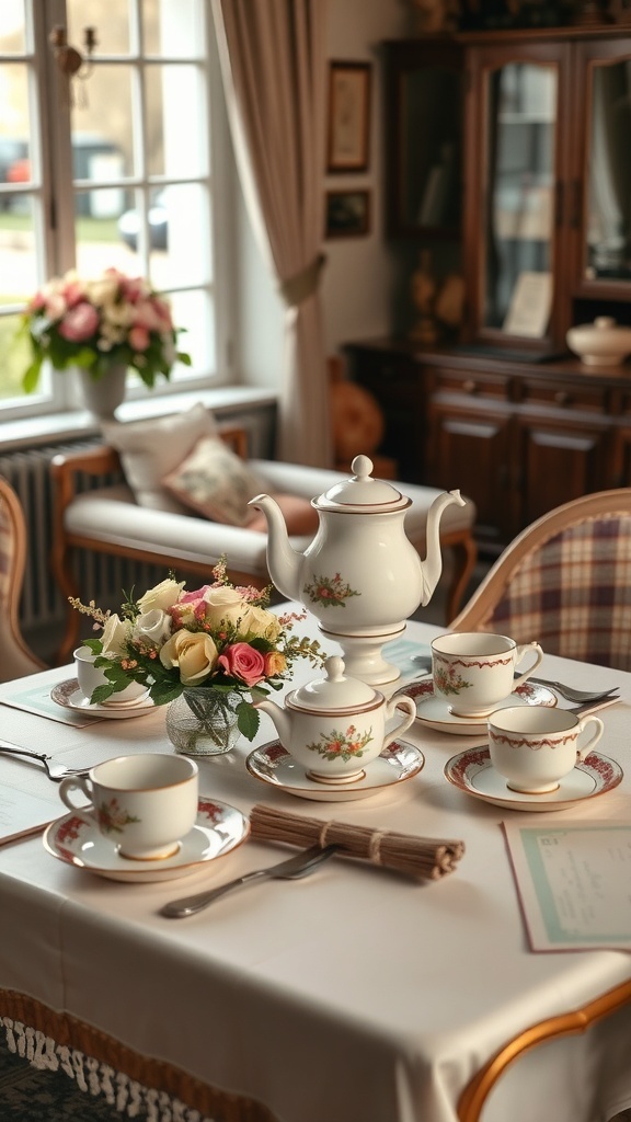 A vintage tea set including a tea pot, sugar pot, cups, and saucers arranged on a table with a floral centerpiece in a cozy lounge setting.