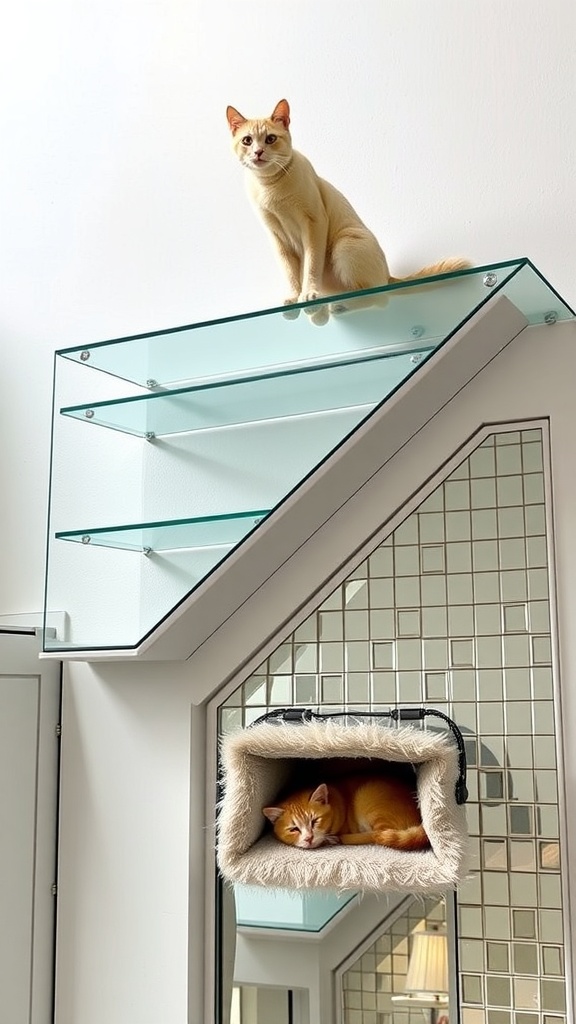 A stylish cat playroom featuring glass shelves and a cozy hideout for cats.