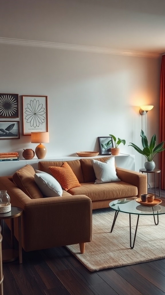 A stylish living room featuring a cozy 1960's couch with warm tones and modern decor.
