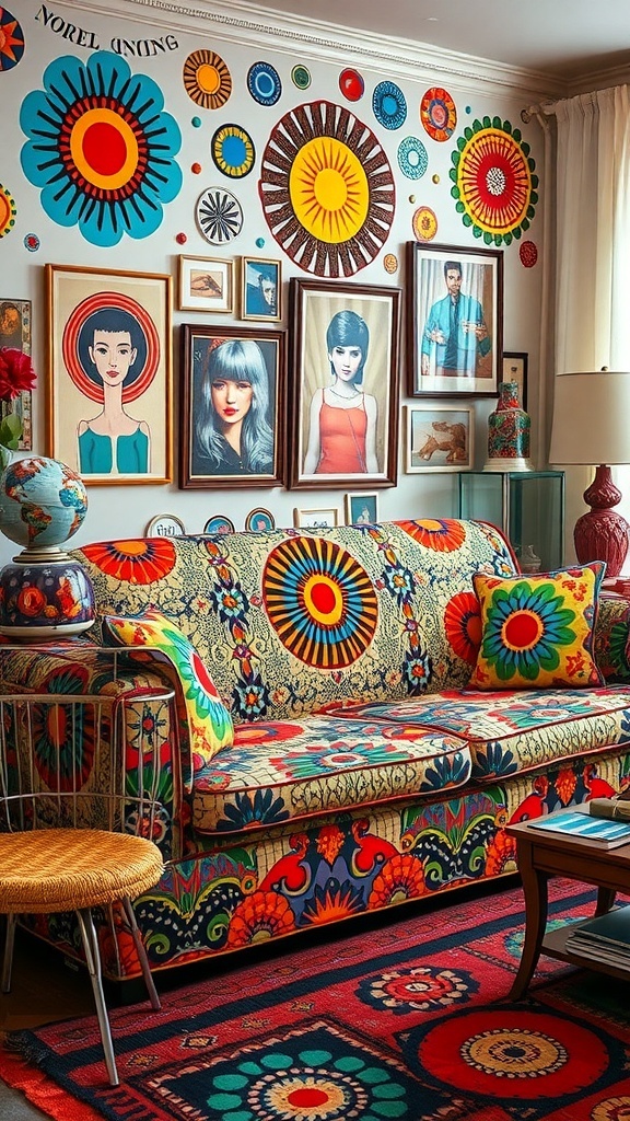 A colorful 1960's couch with psychedelic patterns, surrounded by vibrant wall art and decor.