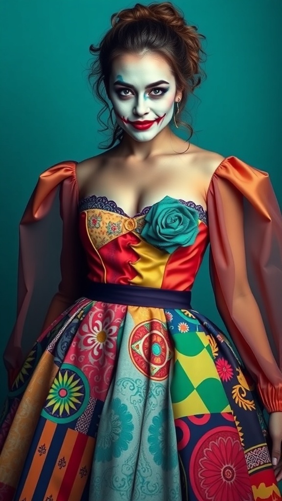 A colorful wedding dress inspired by the Joker, featuring a patchwork design with various vibrant fabrics.