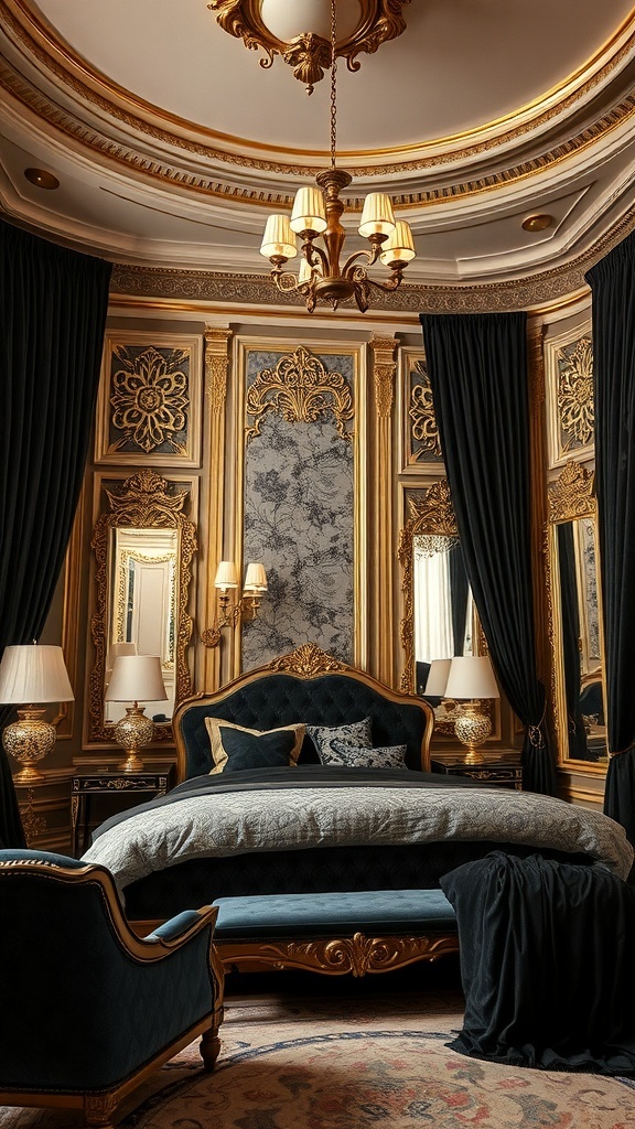 A luxurious bedroom inspired by the Red Keep, featuring rich red and gold decor, ornate mirrors, and a beautifully crafted bed.