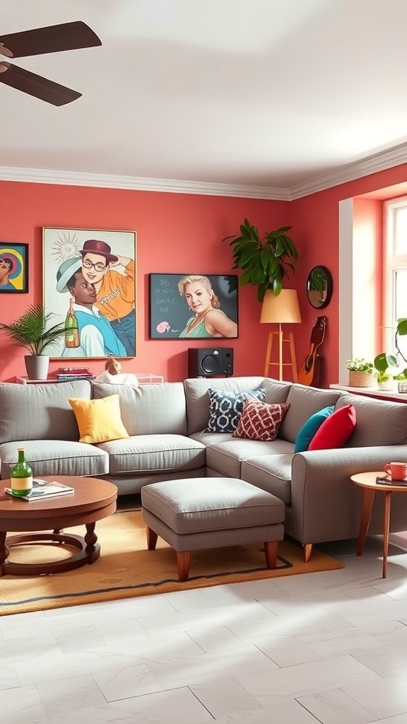 A cozy living room featuring a retro-inspired orange sectional sofa, wooden floors, and vibrant curtains, adorned with modern art on the walls.