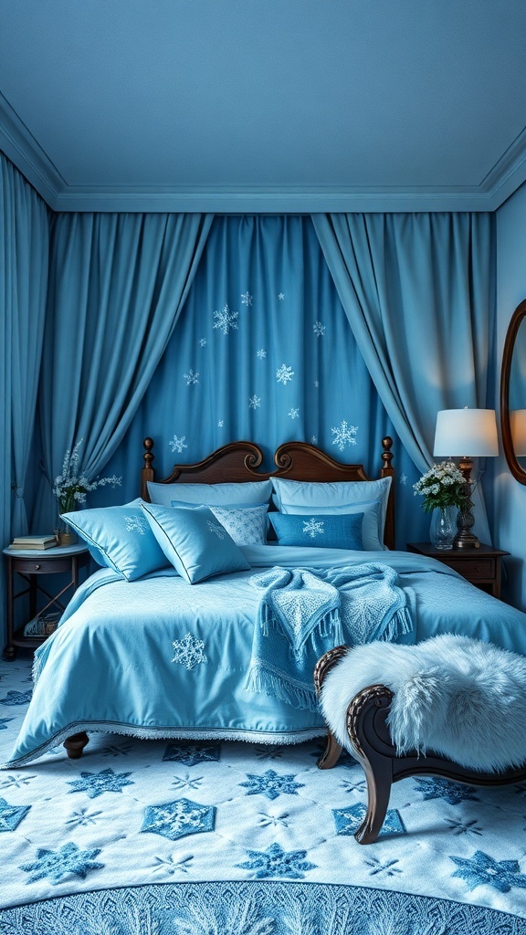 A cozy bedroom with blue tones, featuring a carved bed frame, snowflake patterns, and a faux fur throw.