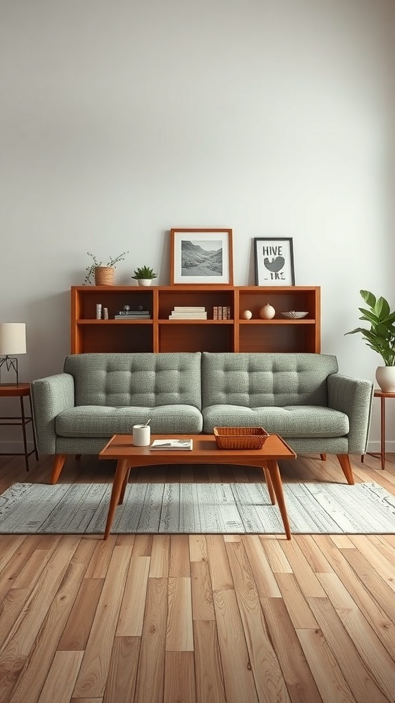 A stylish 1960's couch with wooden legs, placed in a modern living room setting.