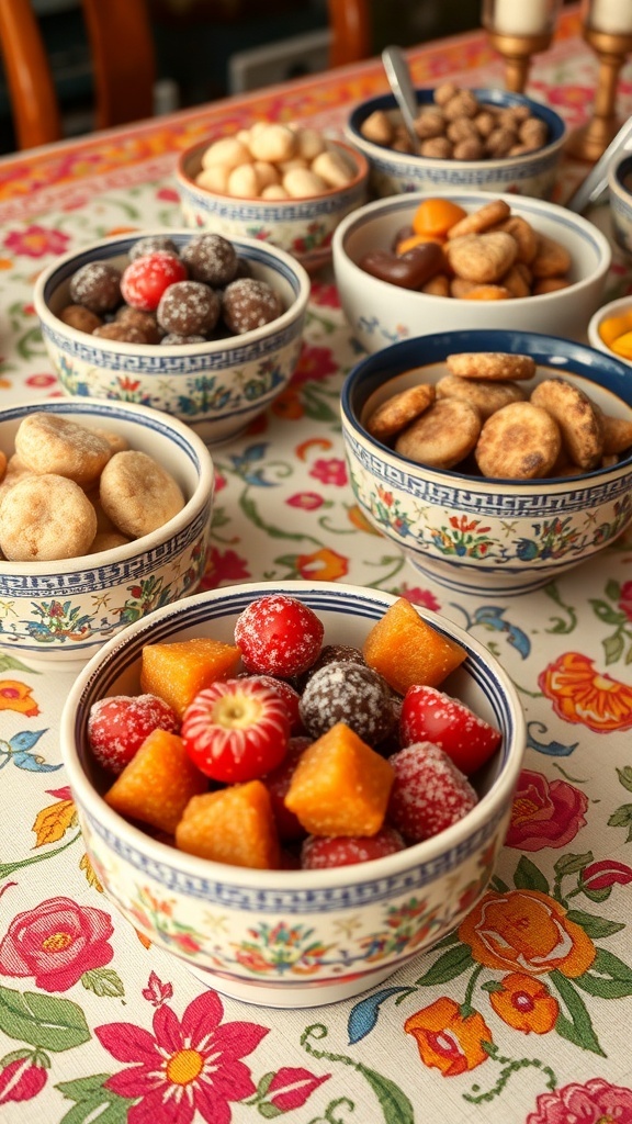 An assortment of handcrafted pottery and wooden bowls filled with various sweets, displayed on a table.