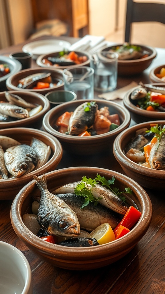 A collection of handcrafted pottery bowls filled with various fish dishes on a wooden table.