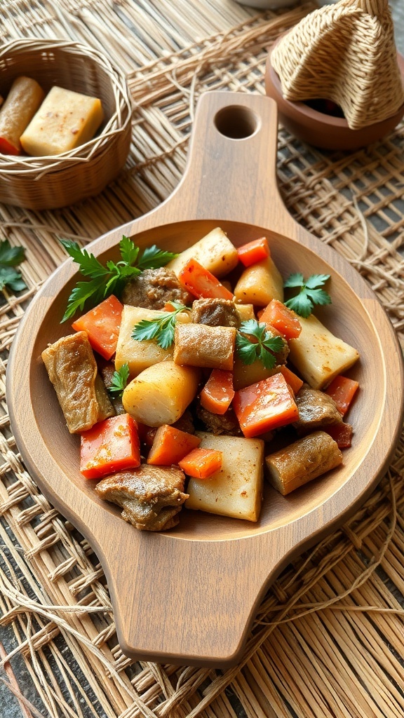 A wooden trencher plate filled with assorted vegetables and meats, showcasing traditional medieval dining.
