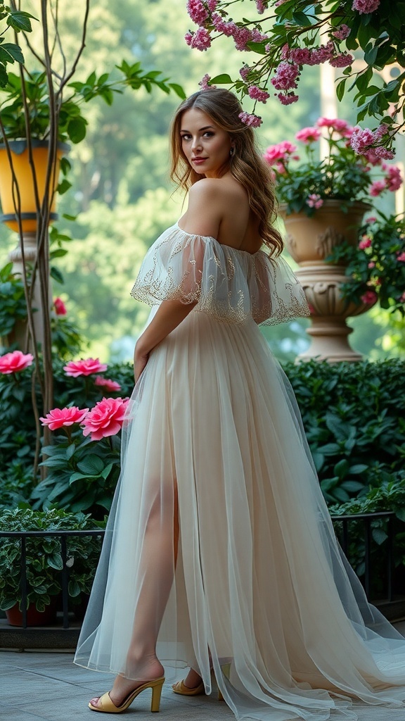 A beautiful tulle gown displayed on a mannequin in a garden setting, showcasing a delicate back design and flowing layers.
