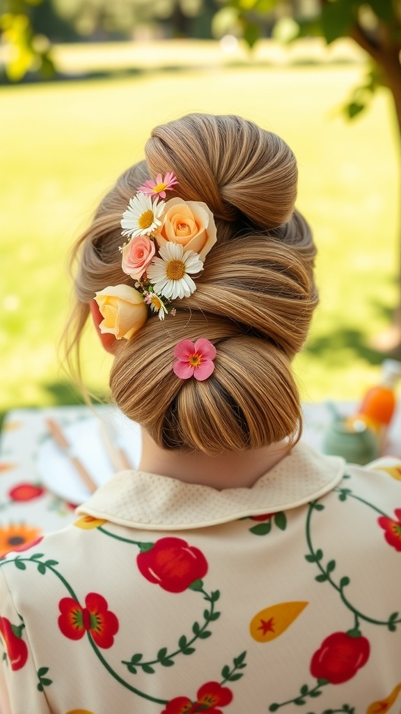 A woman with a twisted chignon hairstyle adorned with flowers, wearing a floral-patterned blouse, in a sunny outdoor setting.