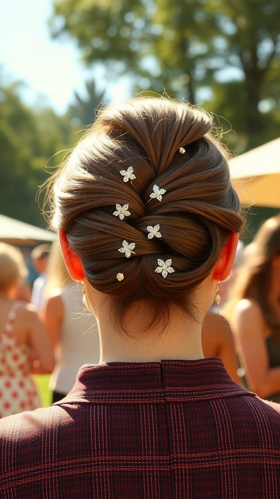 A stylish twisted chignon hairstyle adorned with floral hairpins, showcasing a classic 1960s updo.