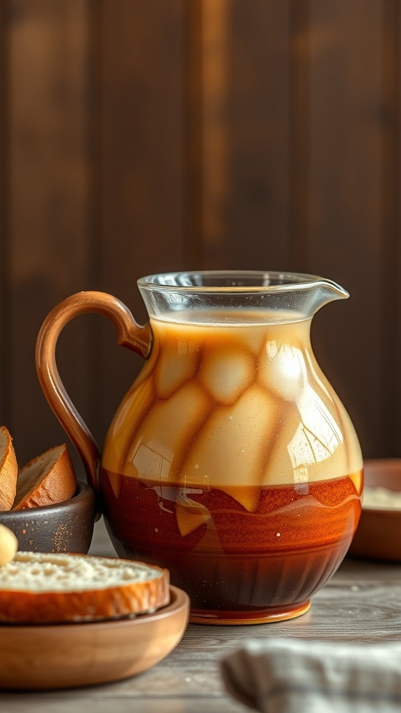 A handcrafted pottery jug with a smooth design, filled with a beverage, surrounded by wooden bowls and bread.