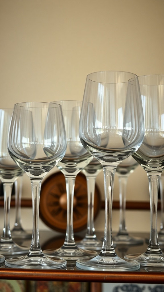 A collection of vintage wine glasses in various shapes and sizes.