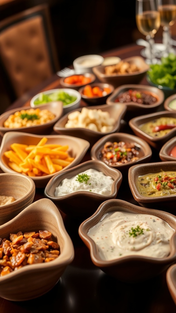 A variety of handcrafted pottery and wooden bowls filled with different foods, showcasing unique shapes.