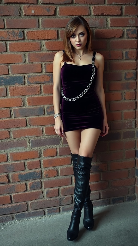 A model wearing a purple velvet dress with a chain accessory and black thigh-high boots against a brick wall.