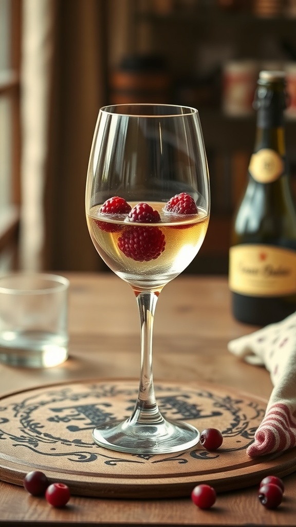 A vintage wine glass filled with a sparkling beverage and fresh raspberries, placed on a decorative wooden coaster.