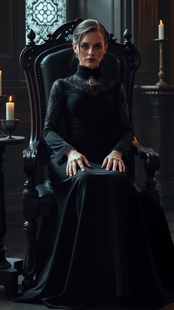 A woman in a black Victorian mourning gown, sitting in a grand chair with candles around her.