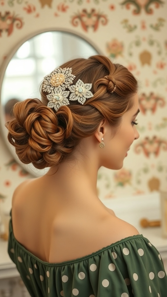A vanity table displaying vintage-inspired hair accessories including floral clips, a crown, and elegant jewelry.