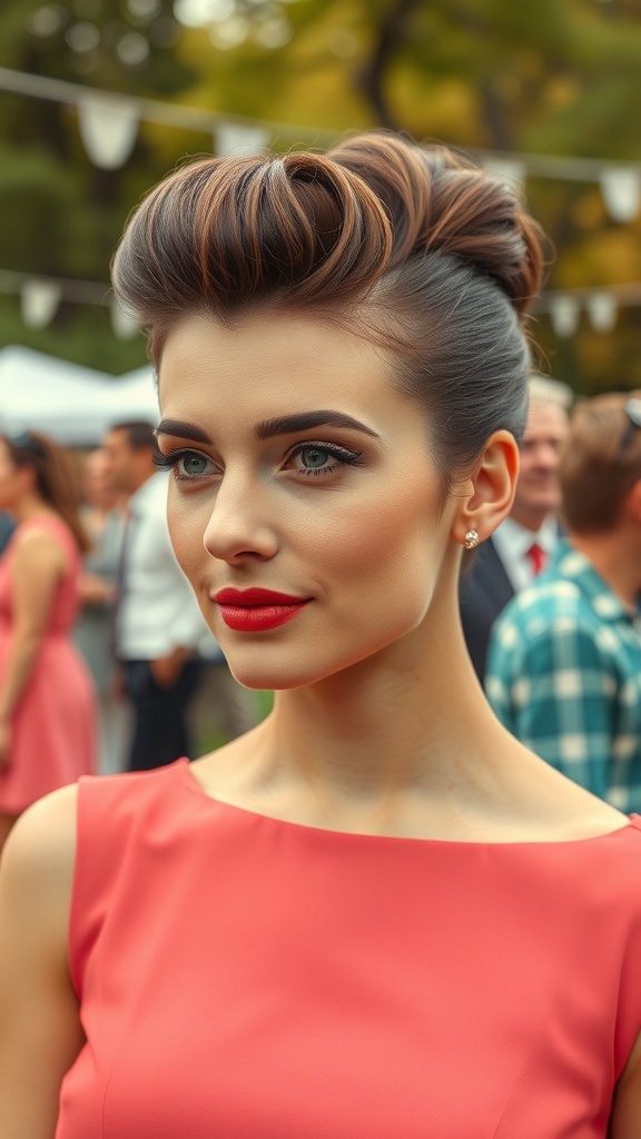 A woman with a vintage-inspired pompadour hairstyle, wearing a coral dress and bold red lipstick, surrounded by a festive outdoor gathering.