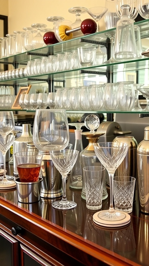 A collection of vintage wine glasses on a bar counter with various bottles in the background.