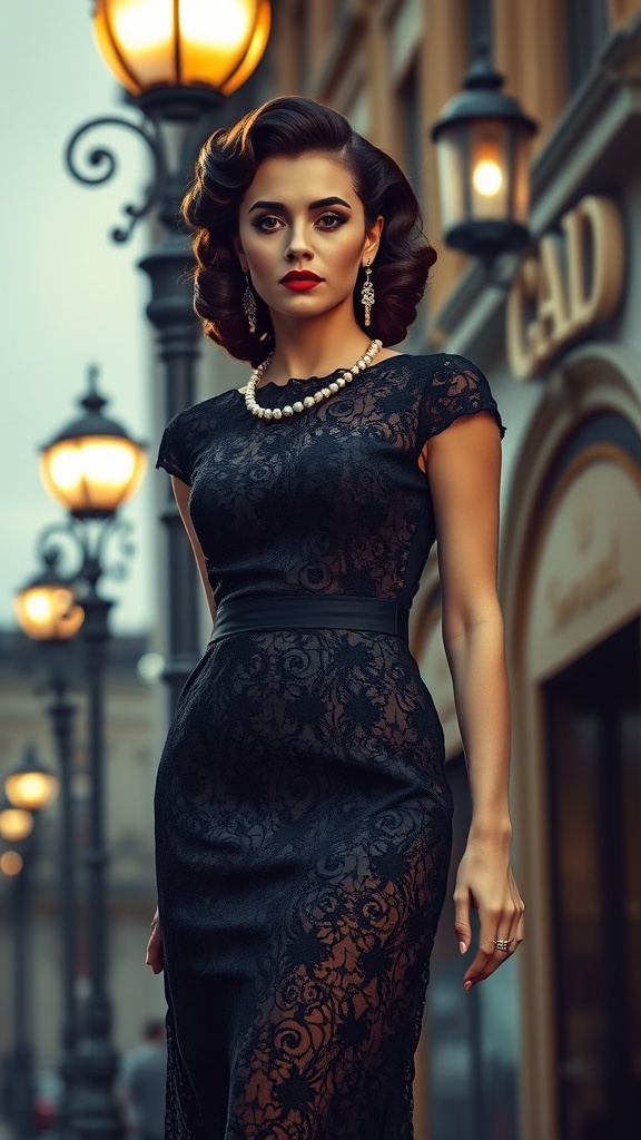 A woman in a vintage black lace dress with red lips and pearl necklace, standing under street lamps.