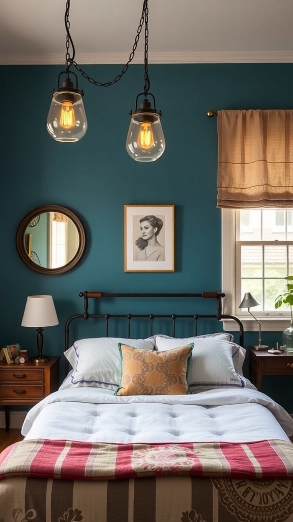 A cozy bedroom featuring vintage lighting fixtures, including a large lantern and a chandelier, creating a warm and inviting atmosphere.