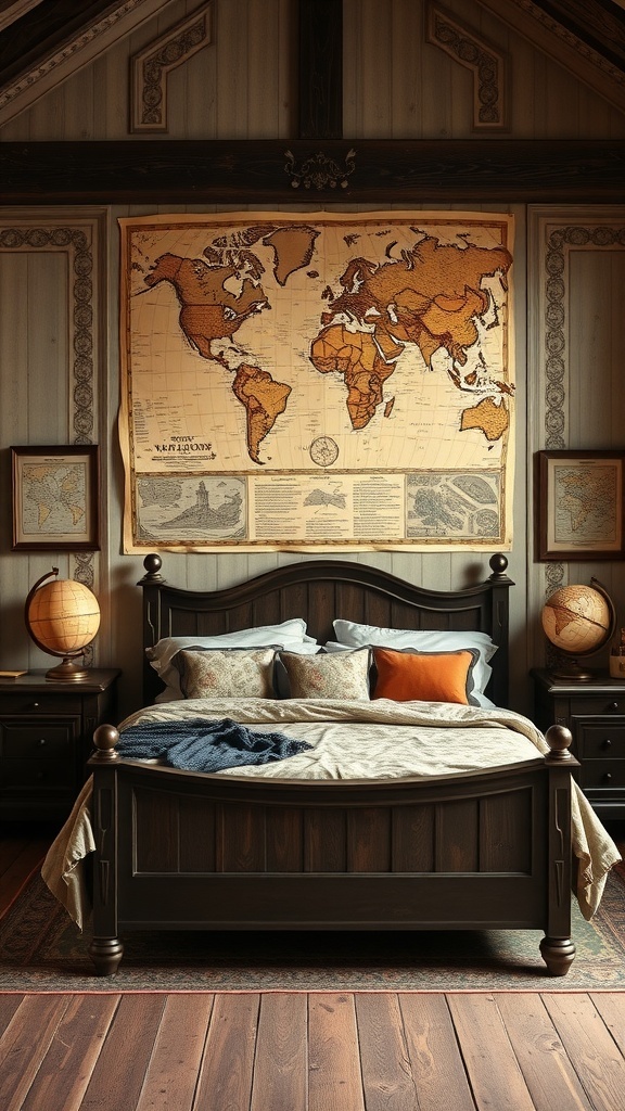 A cozy bedroom featuring a large vintage map on the wall, two globes on nightstands, and a dark wood bed frame with soft bedding.