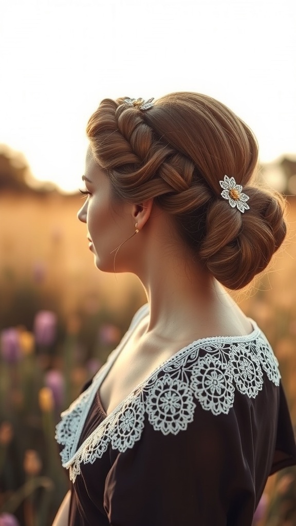 A woman with a vintage side bun hairstyle adorned with lace and floral accessories, set against a sunny outdoor background.