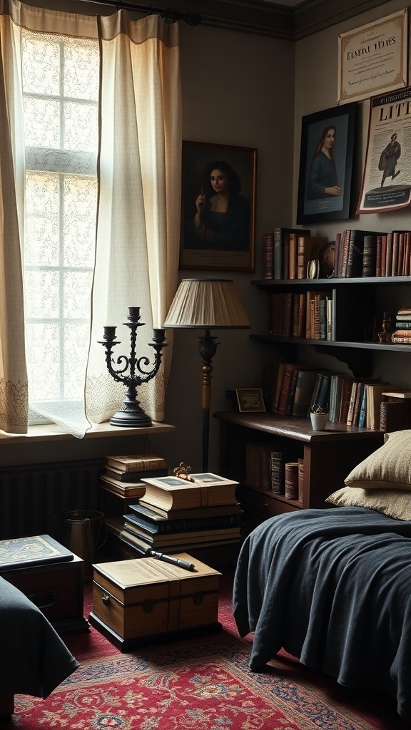 A cozy vintage-inspired bedroom with books, wooden boxes, and elegant decor.
