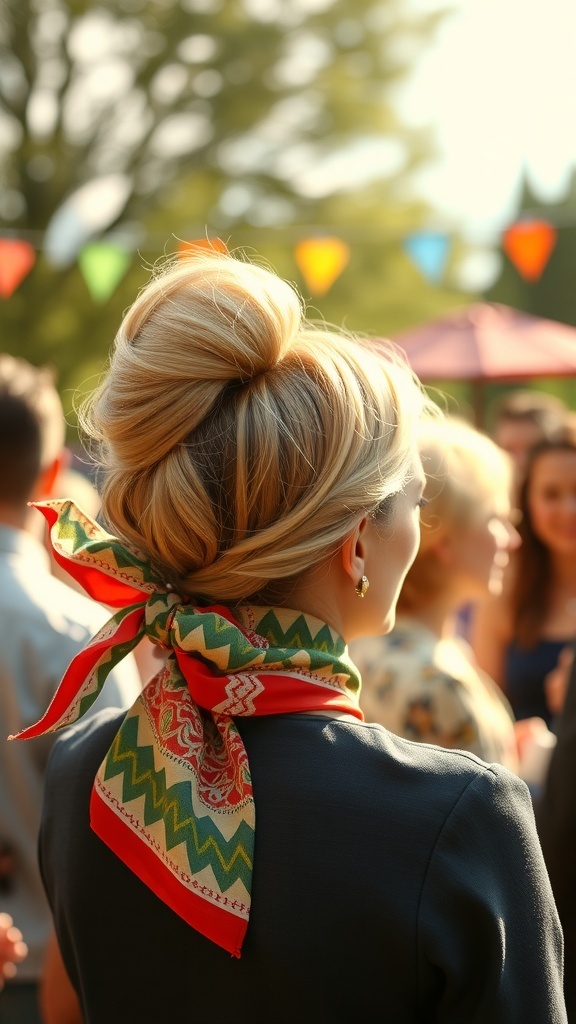 A vintage 1960s updo hairstyle featuring a colorful scarf, set against a sunny outdoor gathering.
