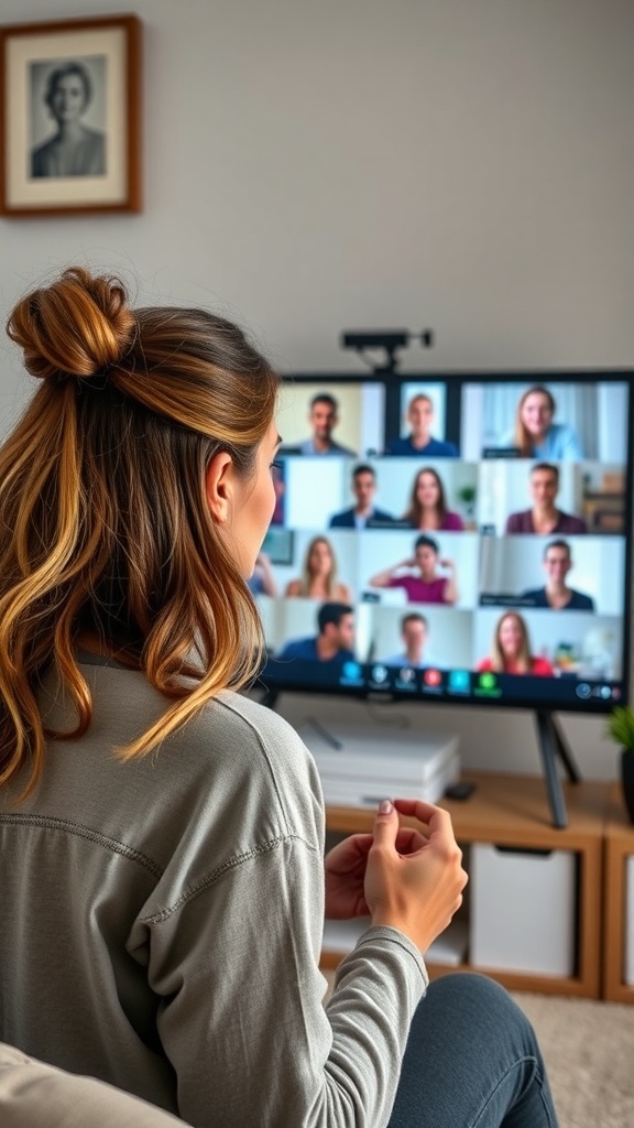 A virtual group workout session displayed on a large screen with a cosmic background.