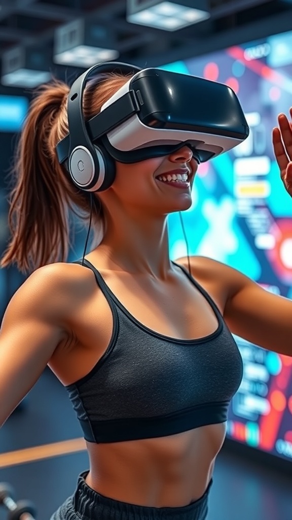 A person wearing a VR headset in a futuristic workout environment with screens displaying workout stats.