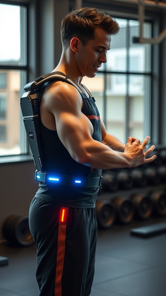 A person wearing a futuristic wearable exoskeleton in a gym setting.