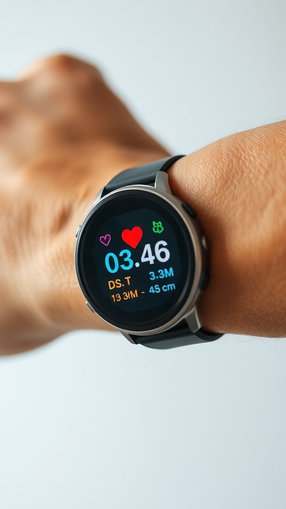 A close-up of a smartwatch displaying heart rate and distance metrics against a cosmic background.