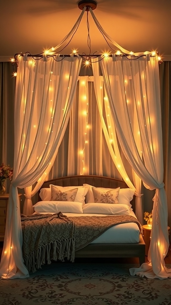 A cozy canopy bed with soft fabric drapes and fairy lights, creating a warm and inviting atmosphere.