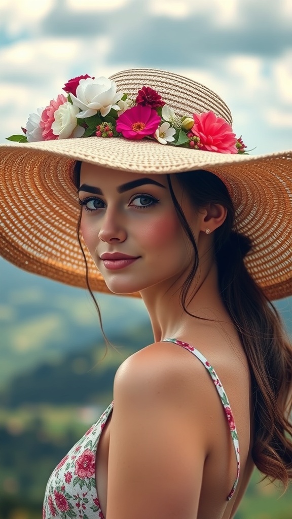 A wide-brimmed straw hat decorated with colorful flowers, set against a scenic landscape.