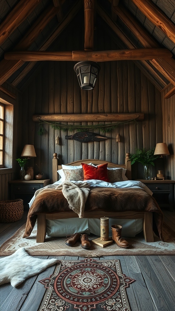 A cozy Wildling-inspired bedroom with wooden beams, a carved bed frame, faux fur throws, and rustic decor.