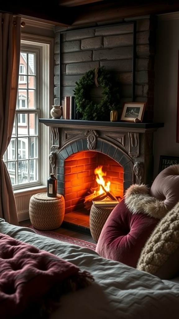A cozy corner inspired by Winterfell, featuring a fireplace, plush pillows, and rustic decor.