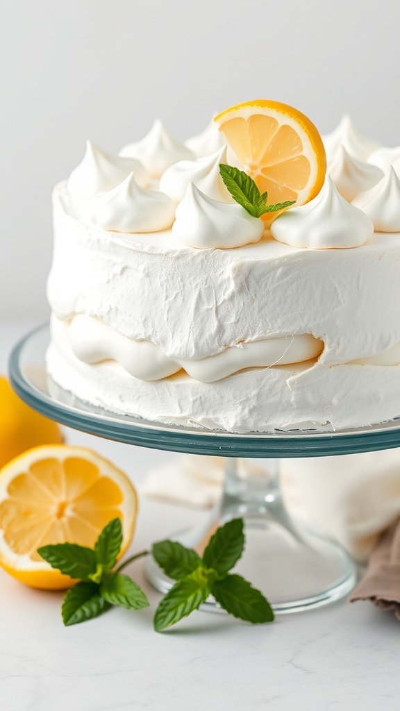 A Zesty Lemon Meringue Ice Cream Cake topped with lemon slices and mint leaves.