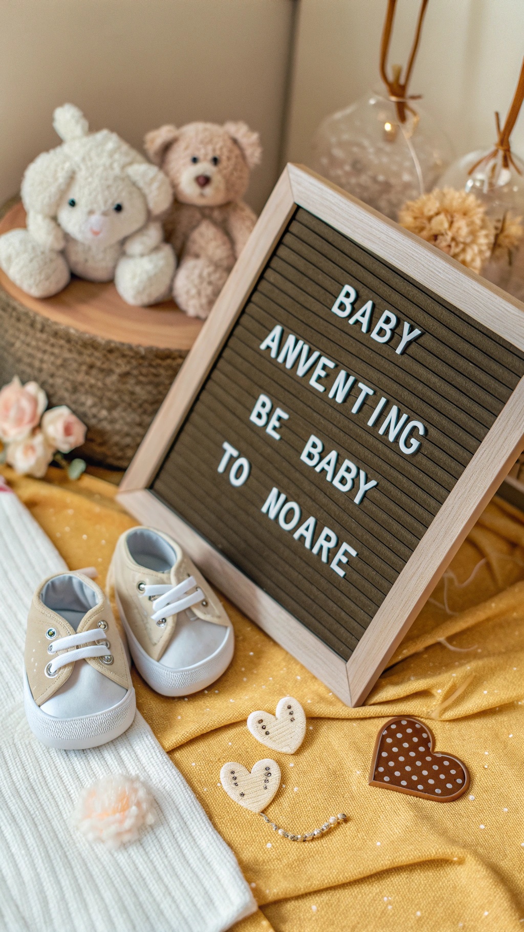 A letter board displaying a baby announcement with baby shoes and stuffed animals.