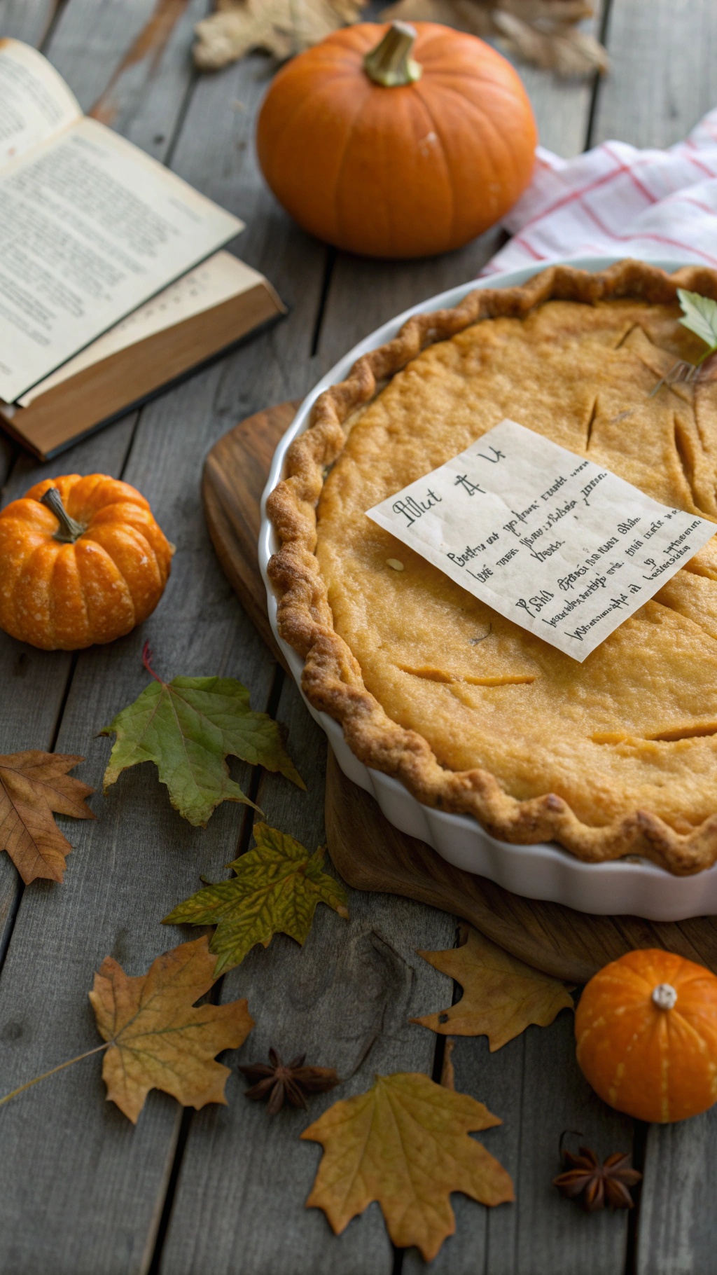 A pie with an announcement note on top, surrounded by pumpkins and autumn leaves.