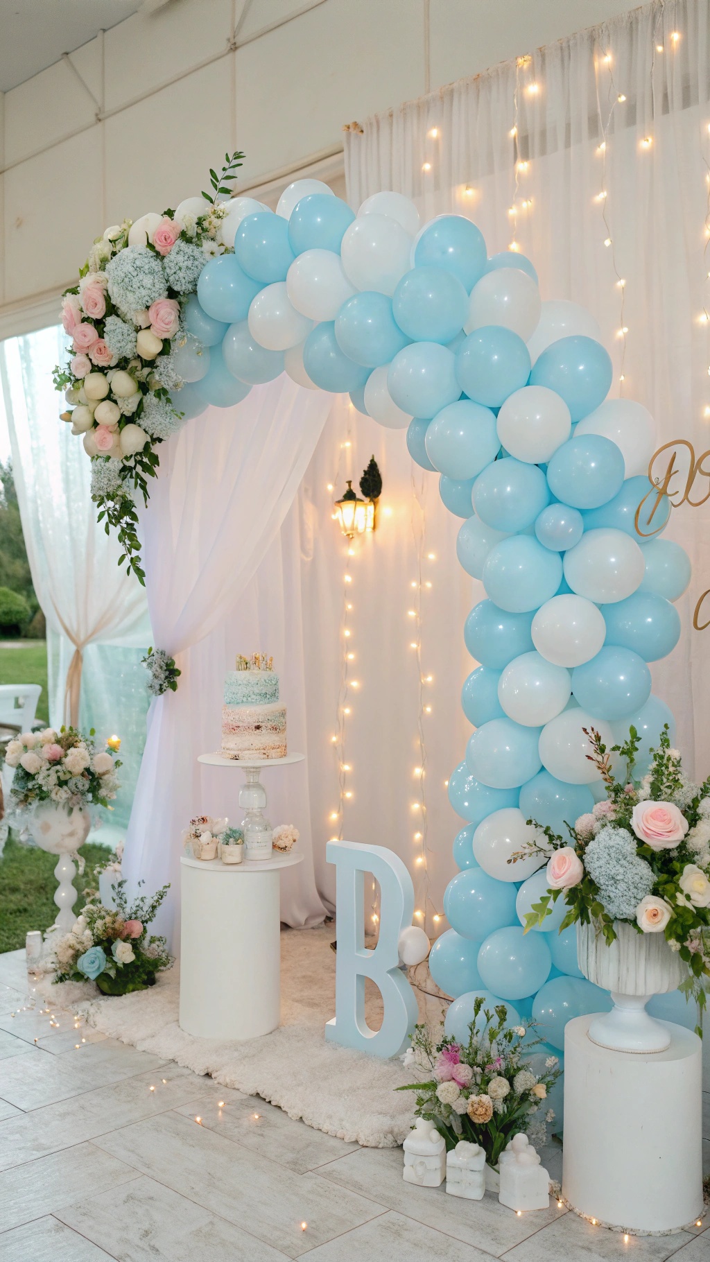 A beautiful baby blue balloon arch decorated with flowers, creating a festive atmosphere for a baby shower.