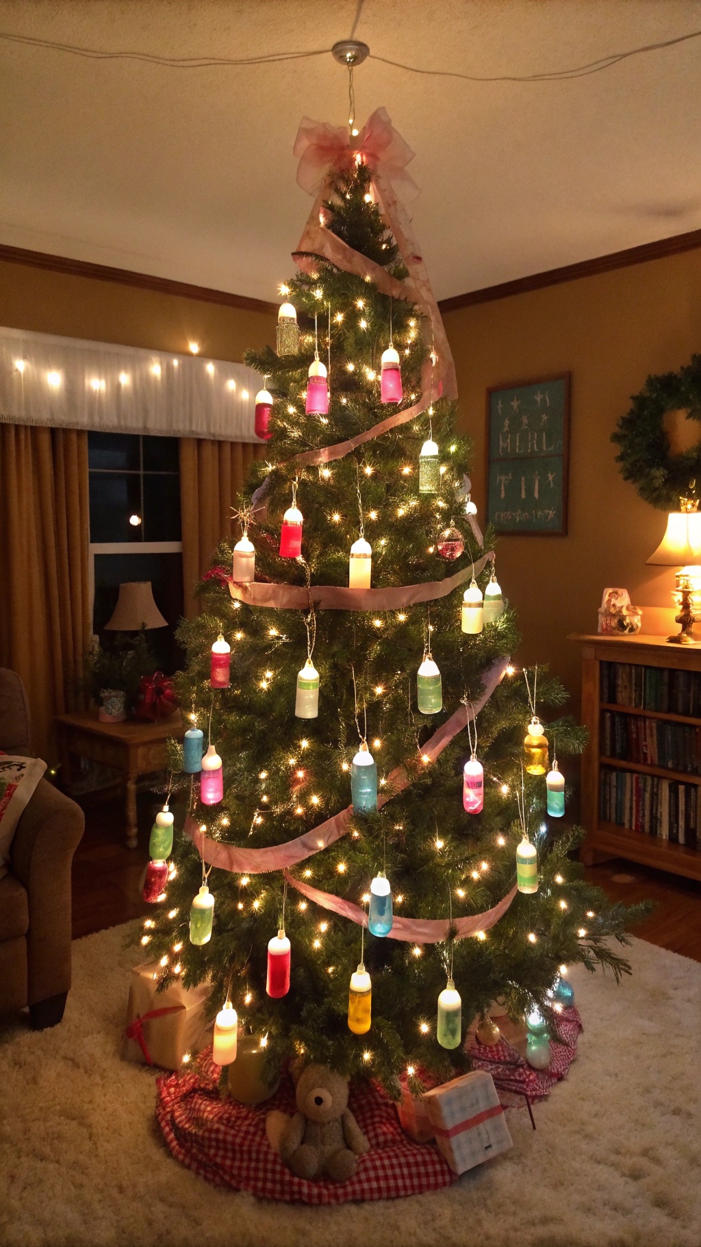 A Christmas tree decorated with colorful baby bottle ornaments, surrounded by gifts and a cozy setting.