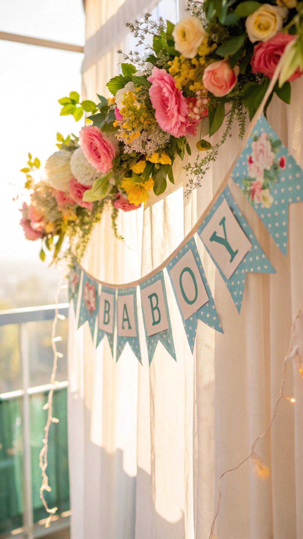 A decorative banner that says 'BABY BOY' adorned with spring flowers.