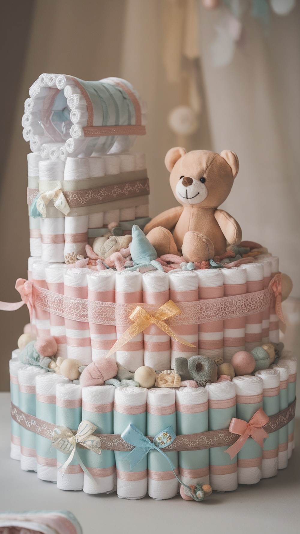 A beautifully crafted Baby Cradle Diaper Cake featuring rolled diapers, ribbons, and a teddy bear.