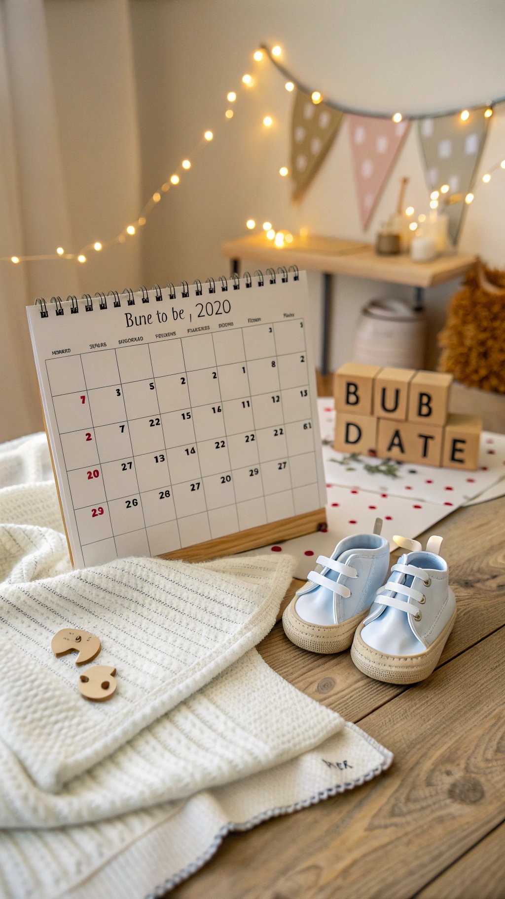 A calendar marked with a due date, tiny baby shoes, and a cozy blanket.